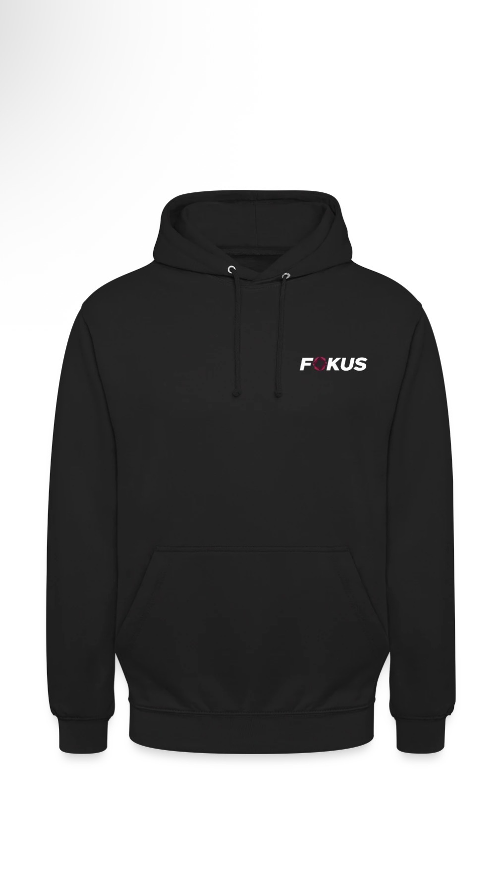 Schwarzer FOKUS Hoodie – Vorderseite mit FOKUS Logo